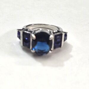 New Oval Royal Blue 5 Stones Ring Size 7 SilverTone Statement Art Deco Cocktail